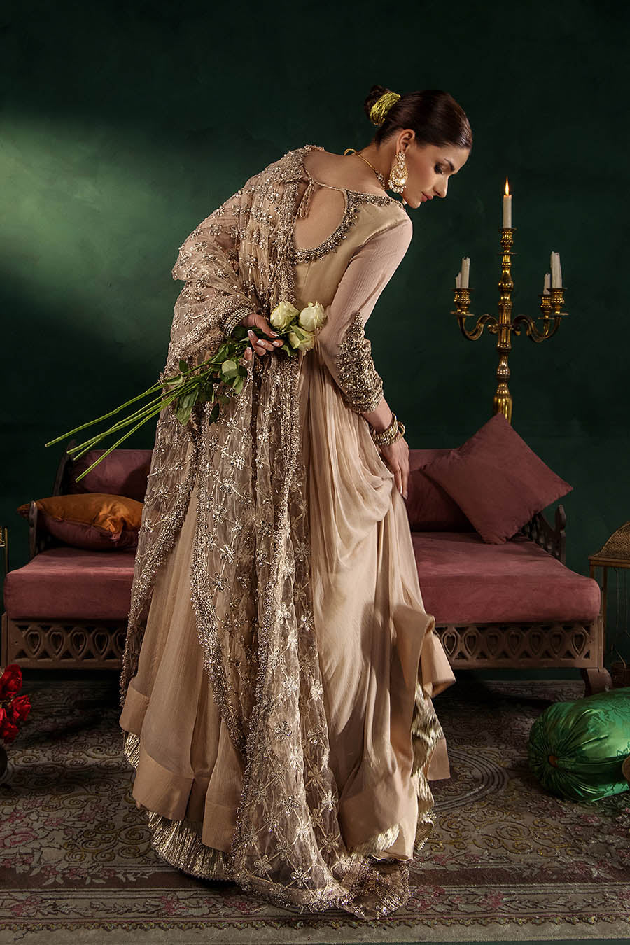 Beige Hand Embroidered Crinkle Chiffon Anarkali Peshwas Online in Dubai UAE Abudhabi Ajman Sharjah