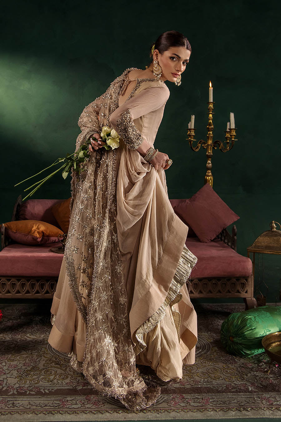 Beige Hand Embroidered Crinkle Chiffon Anarkali Peshwas Online in Dubai UAE Abudhabi Ajman Sharjah