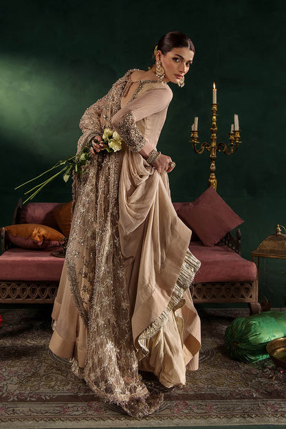 Beige Hand Embroidered Crinkle Chiffon Anarkali Peshwas Online in Dubai UAE Abudhabi Ajman Sharjah