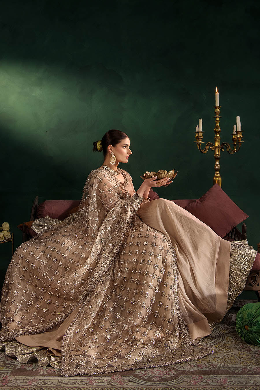 Beige Hand Embroidered Crinkle Chiffon Anarkali Peshwas Online in Dubai UAE Abudhabi Ajman Sharjah