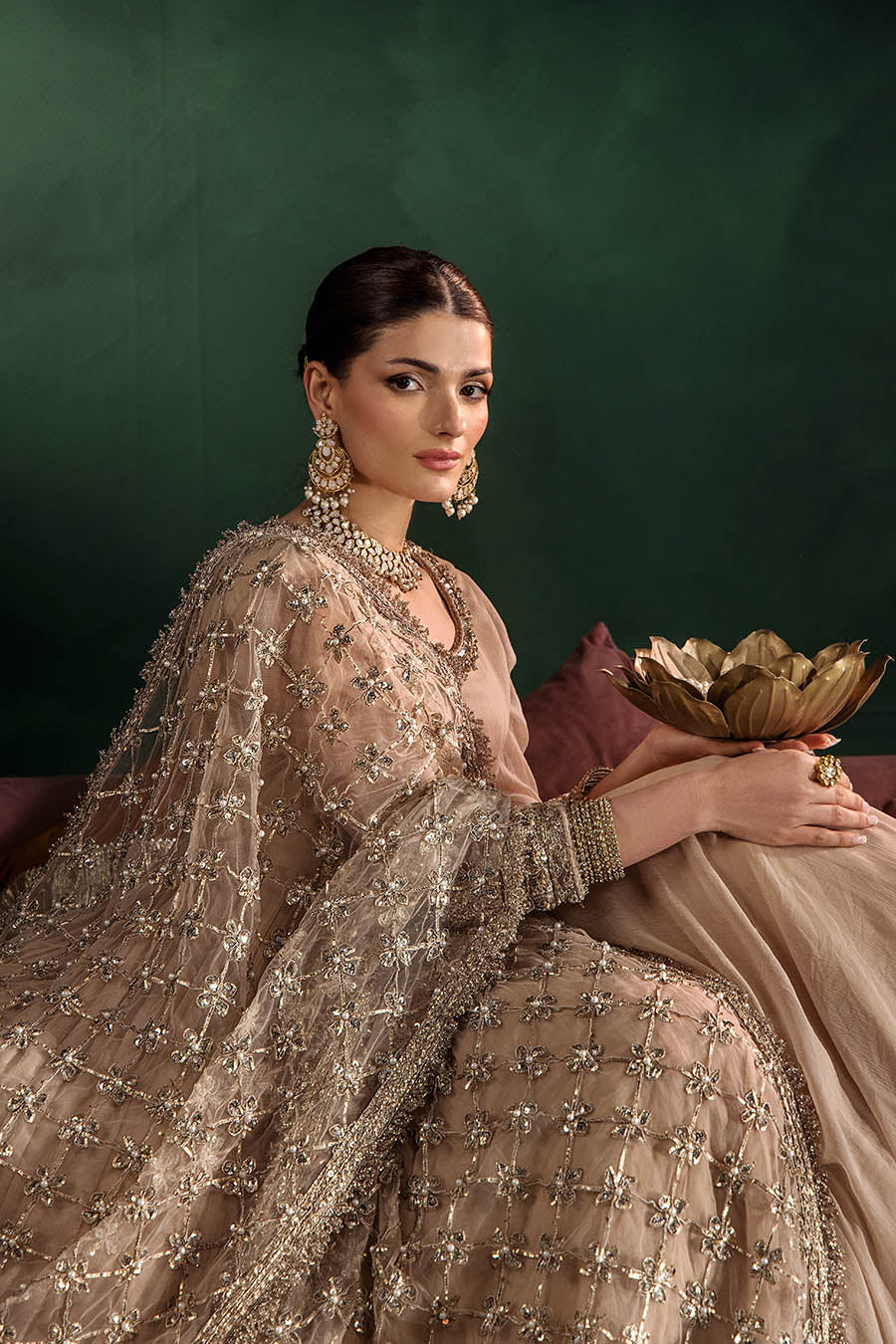 Beige Hand Embroidered Crinkle Chiffon Anarkali Peshwas Online in Dubai UAE Abudhabi Ajman Sharjah