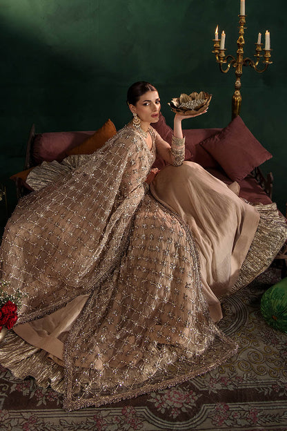 Beige Hand Embroidered Crinkle Chiffon Anarkali Peshwas Online in Dubai UAE Abudhabi Ajman Sharjah