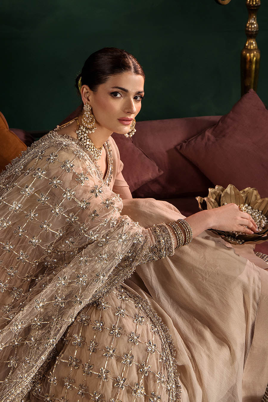 Beige Hand Embroidered Crinkle Chiffon Anarkali Peshwas Online in Dubai UAE Abudhabi Ajman Sharjah