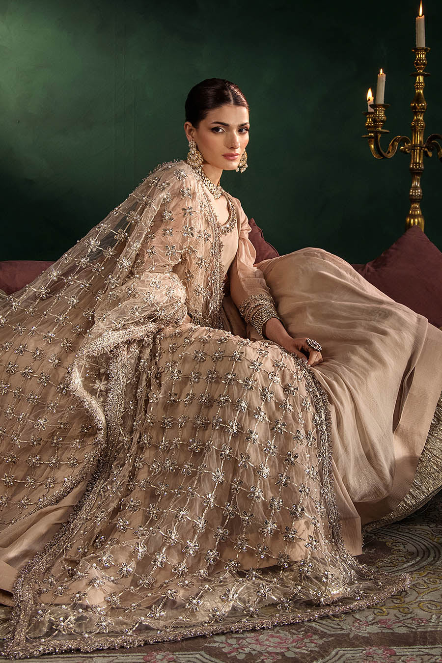 Beige Hand Embroidered Crinkle Chiffon Anarkali Peshwas Online in Dubai UAE Abudhabi Ajman Sharjah