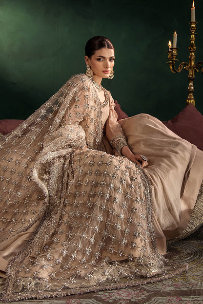 Beige Hand Embroidered Crinkle Chiffon Anarkali Peshwas Online in Dubai UAE Abudhabi Ajman Sharjah