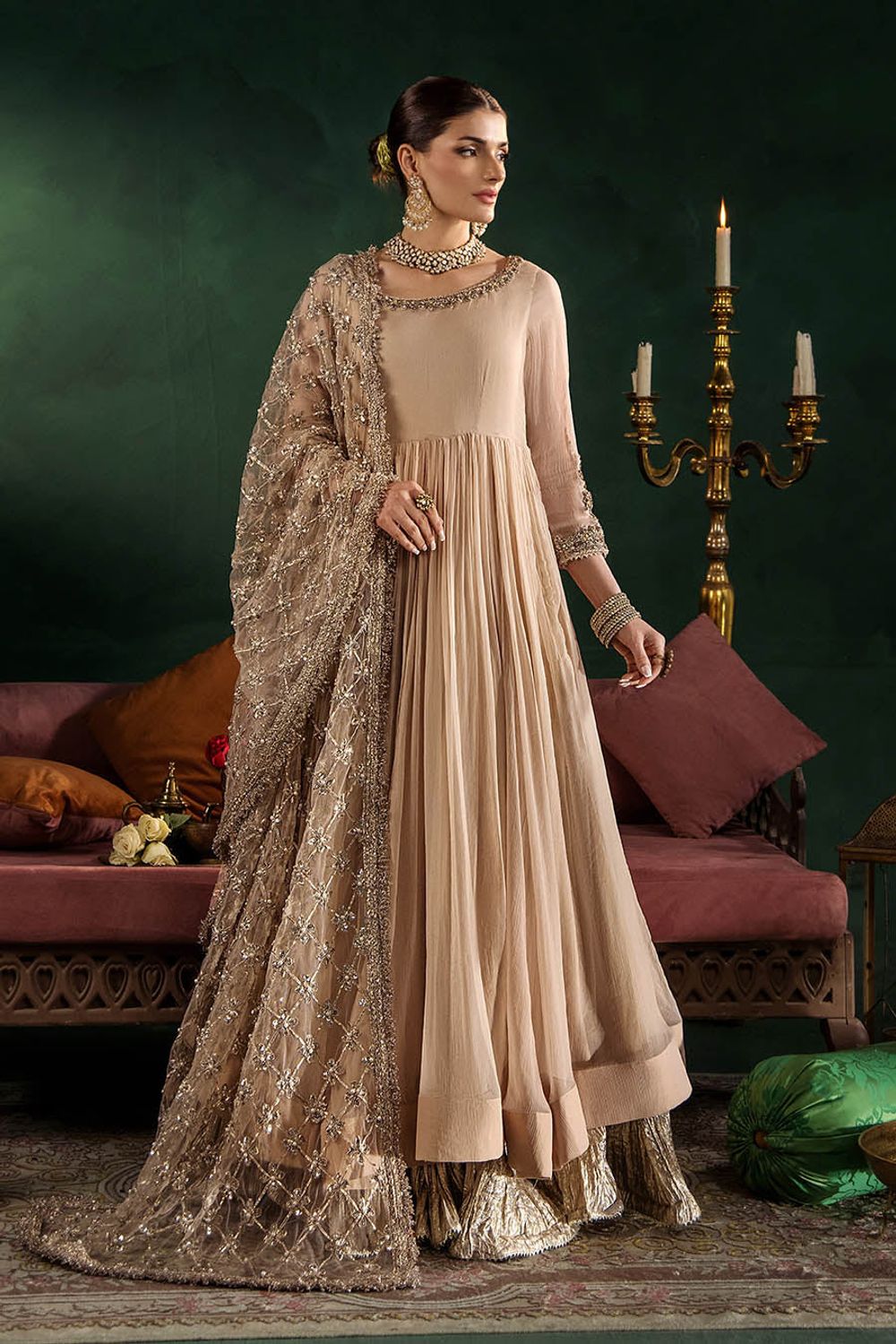 Beige Hand Embroidered Crinkle Chiffon Anarkali Peshwas Online in Dubai UAE Abudhabi Ajman Sharjah