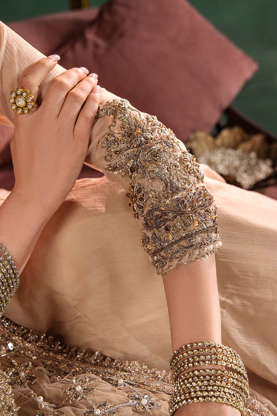 Beige Hand Embroidered Crinkle Chiffon Anarkali Peshwas Online in Dubai UAE Abudhabi Ajman Sharjah