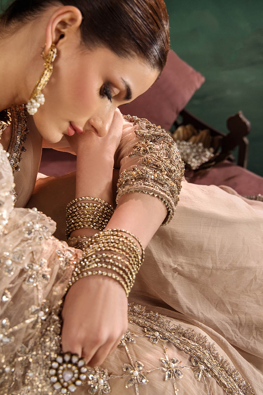 Beige Hand Embroidered Crinkle Chiffon Anarkali Peshwas Online in Dubai UAE Abudhabi Ajman Sharjah