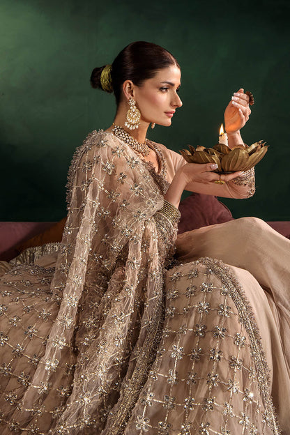 Beige Hand Embroidered Crinkle Chiffon Anarkali Peshwas Online in Dubai UAE Abudhabi Ajman Sharjah