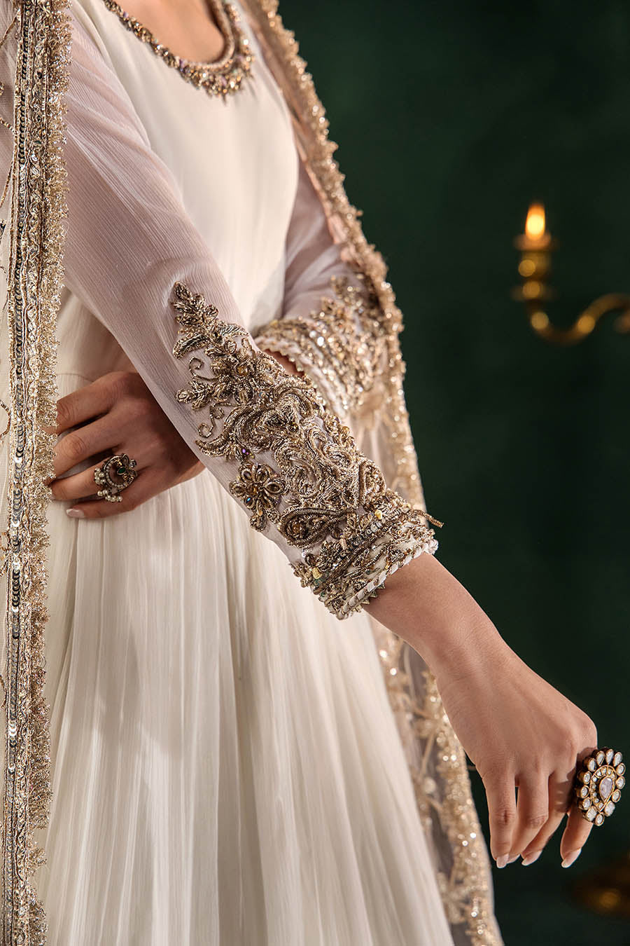 Beige Hand Embroidered Crinkle Chiffon Anarkali Peshwas Online in Dubai UAE Abudhabi Ajman Sharjah