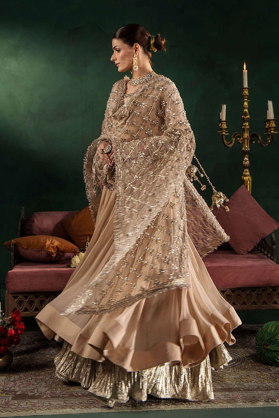 Beige Hand Embroidered Crinkle Chiffon Anarkali Peshwas Online in Dubai UAE Abudhabi Ajman Sharjah