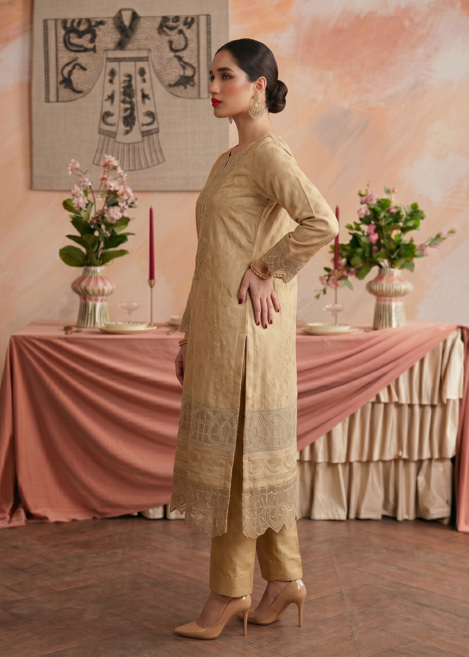 Beige Jacquard Embroidered 3 Piece Suit Online in Sri Lanka India Australia