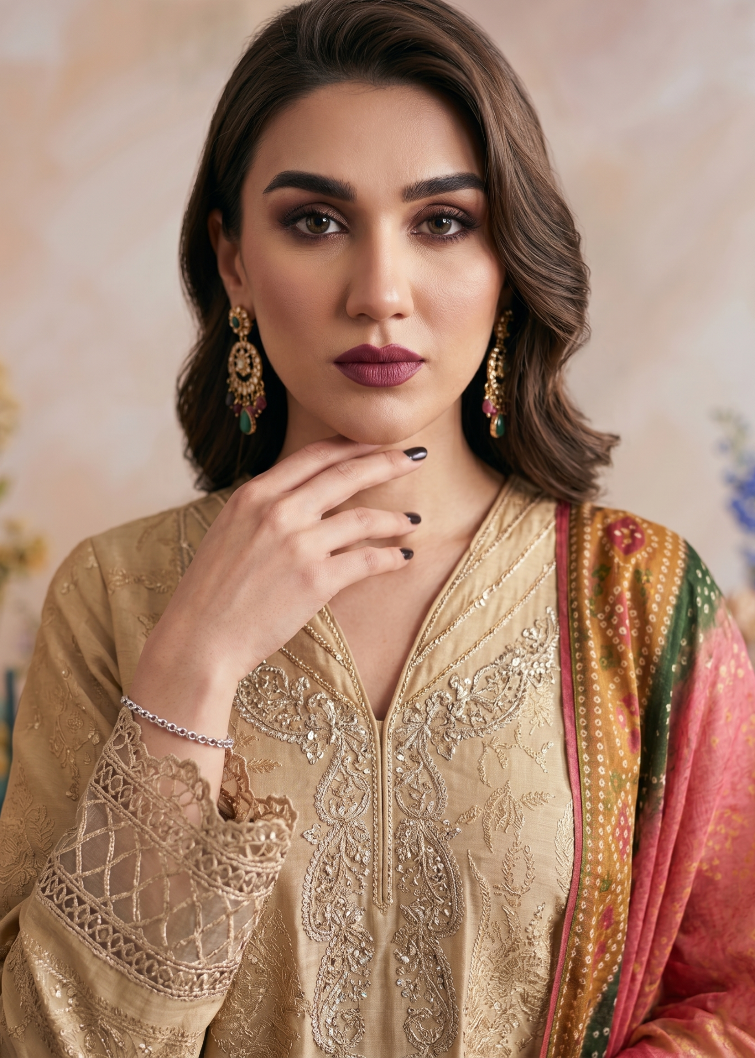 Beige Jacquard Embroidered Ladies Suit Online in UK USA Canada