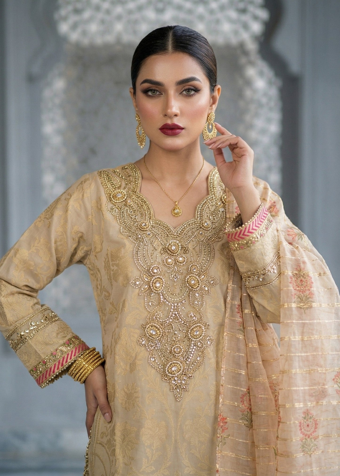 Beige Jacquard Embroidered Party Wear Suit Online in Sri Lanka India Australia