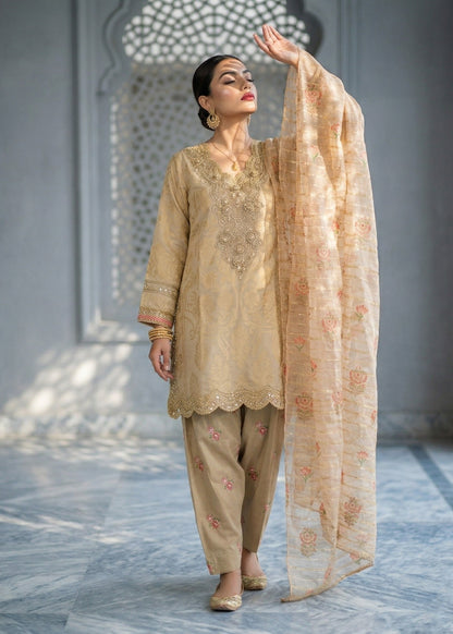 Beige Jacquard Embroidered Three Piece Suit Online in Sri Lanka India Australia