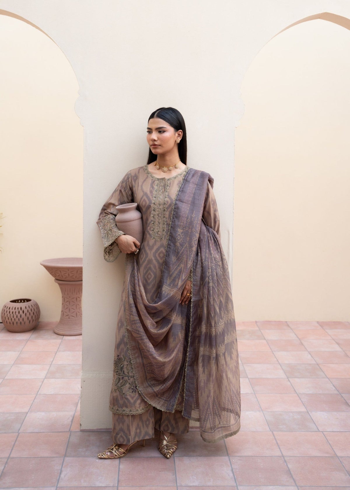 Beige Khaddar Salwar Kameez with Printed Dupatta Online in UK USA Canada