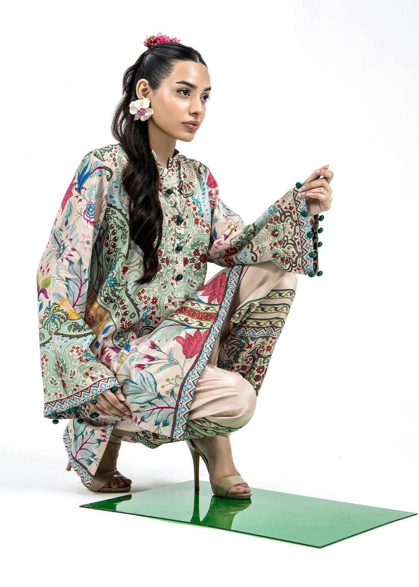 Beige Kurta with Pearls and Green Buttons Online in Sri Lanka India Australia