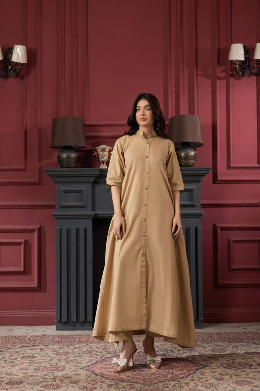 Beige Lawn Cotton A-Line Kurta Set Online in Dubai UAE Abudhabi Ajman Sharjah