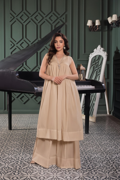 Beige Lawn Cotton Stitched Sharara Suit Online in Dubai UAE Abudhabi Ajman Sharjah