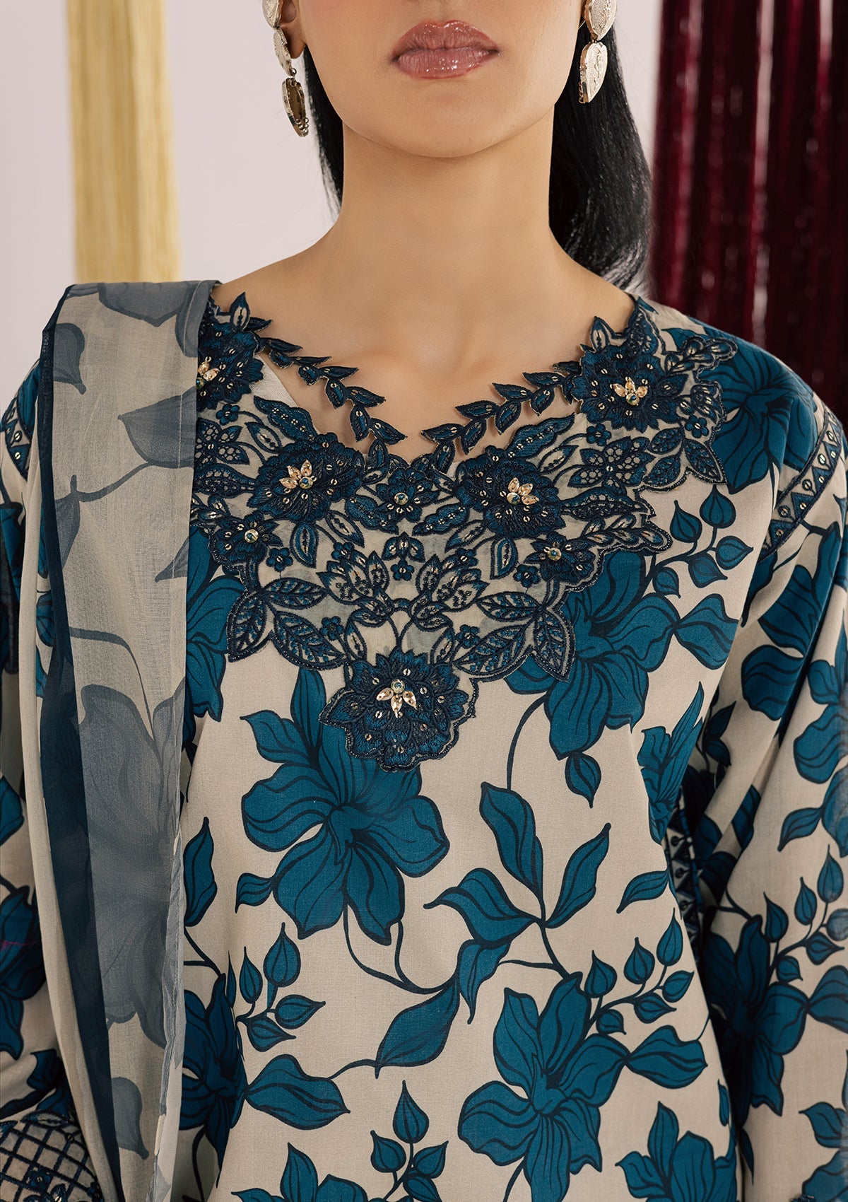 Beige Lawn Embroidered 3 Piece Suit Online in Sri Lanka India Australia
