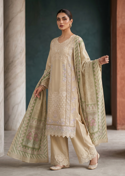 Beige Lawn Embroidered 3 Piece Suit Online in Sri Lanka India Australia