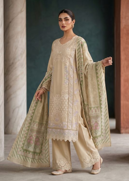 Beige Lawn Embroidered 3 Piece Suit Online in Sri Lanka India Australia
