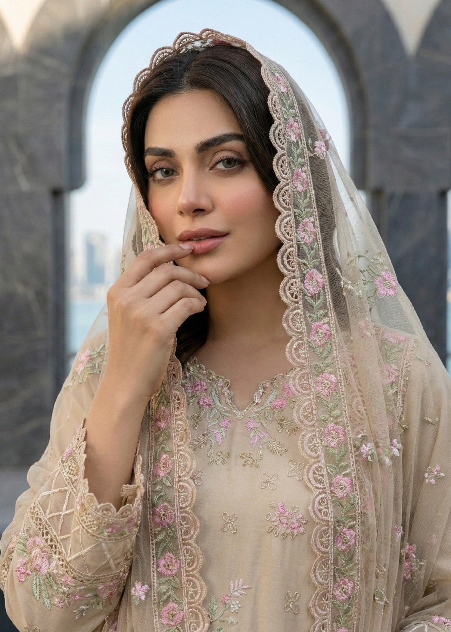 Beige Lawn Embroidered 3 Piece Suit Online in Sri Lanka India Australia