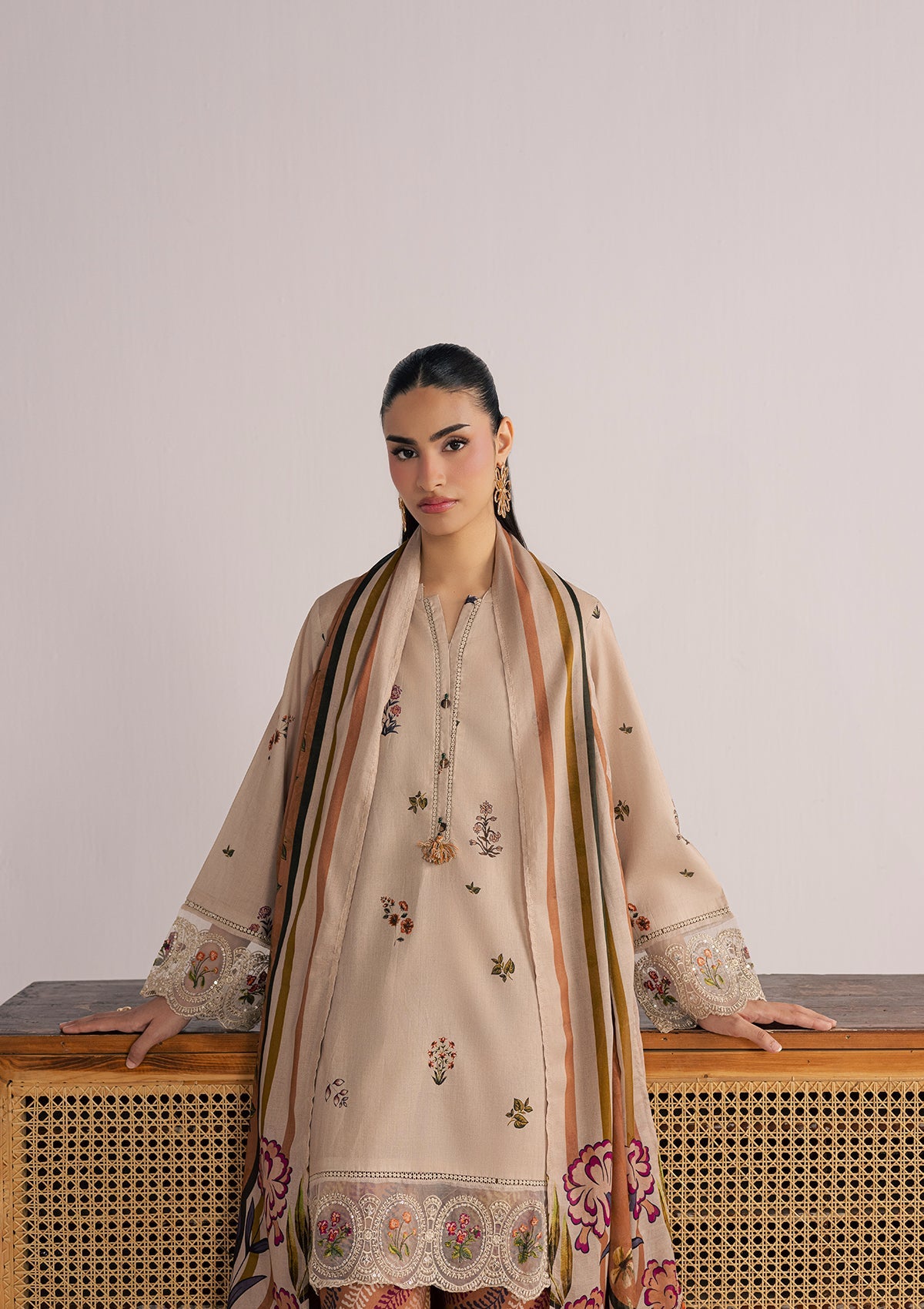 Beige Lawn Embroidered 3 Piece Suit Online in Sri Lanka India Australia