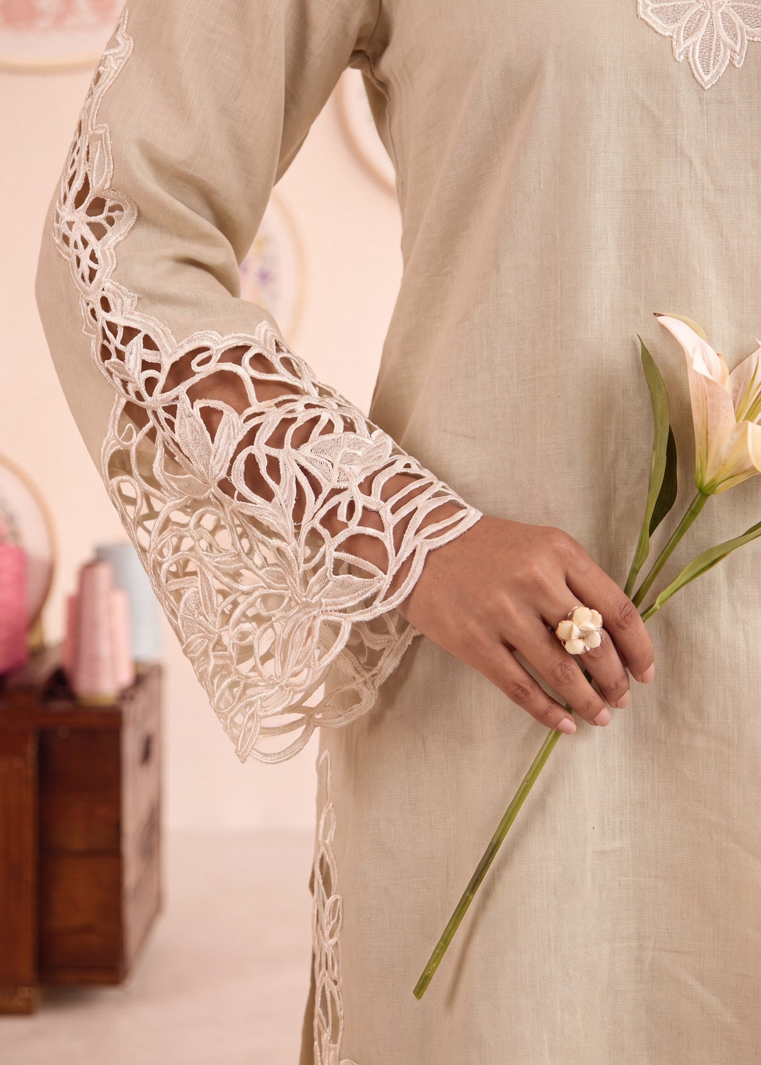 Beige Lawn Embroidered Straight Kurta Online in Sri Lanka India Australia