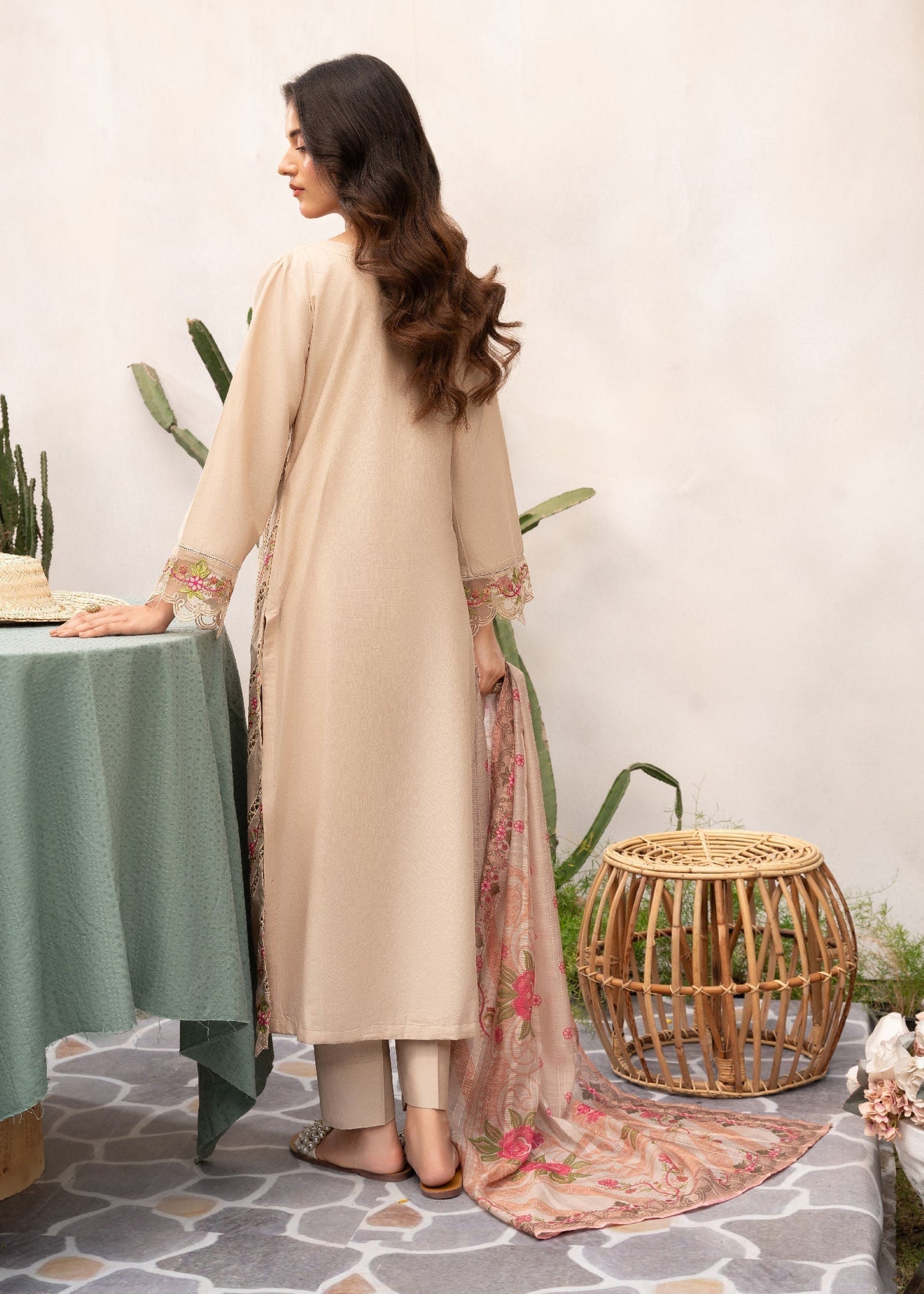 Beige Lawn Kurta Pajama Suit Online in Sri Lanka India Australia