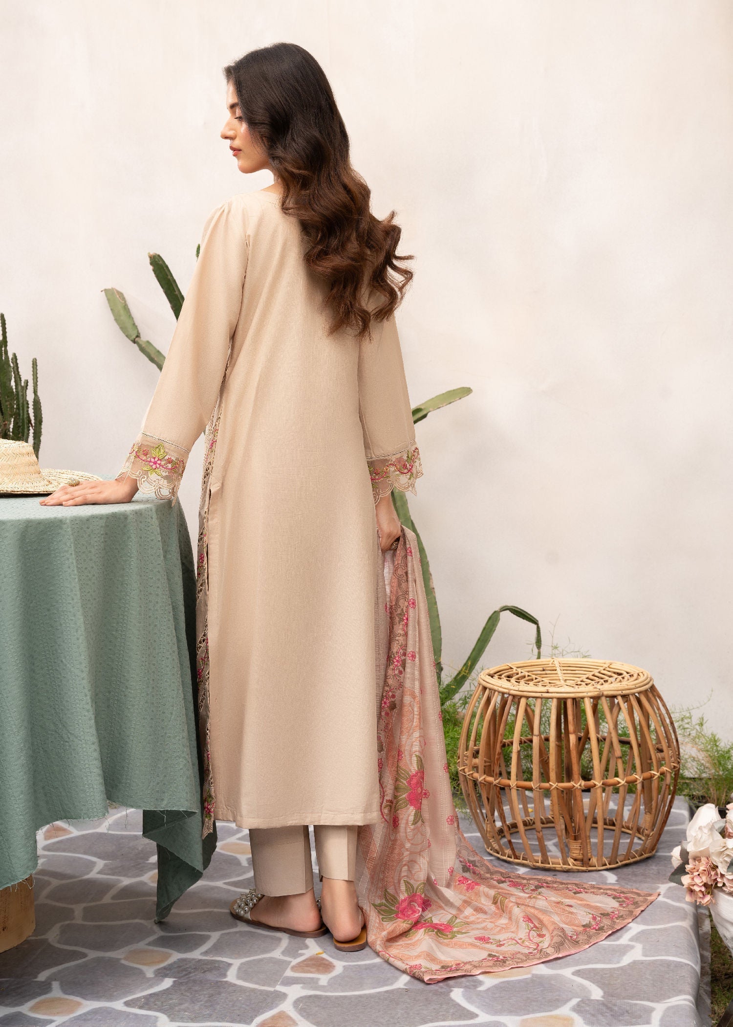 Beige Lawn Kurta Pajama Suit Online in Sri Lanka India Australia