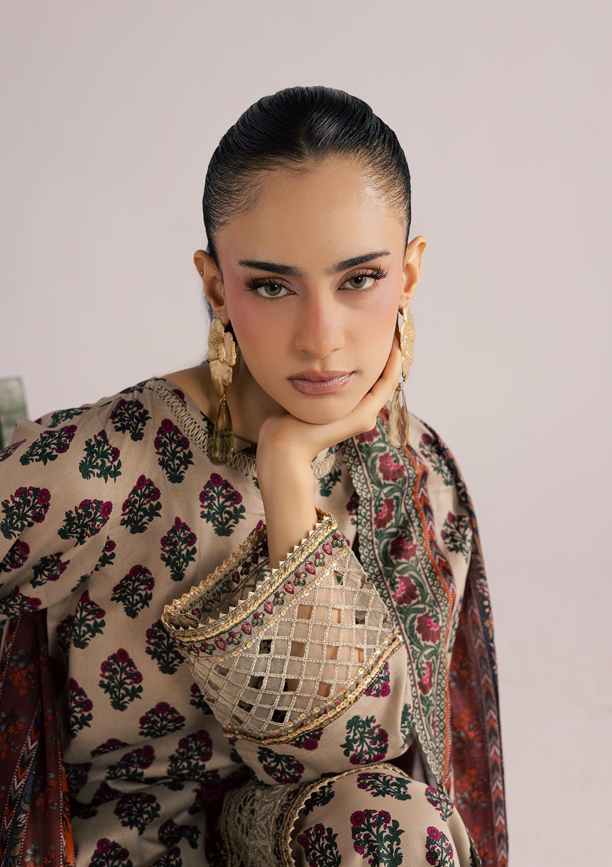 Beige Lawn Suit Embellished Online in Dubai UAE Abudhabi Ajman Sharjah