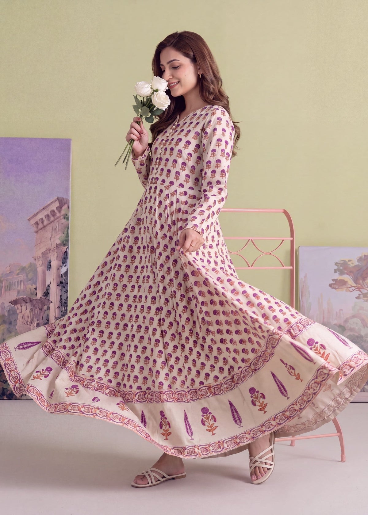 Beige Linen Anarkali Kurta for Women Online in Dubai DXB UAE Abudhabi Meena Bazaar