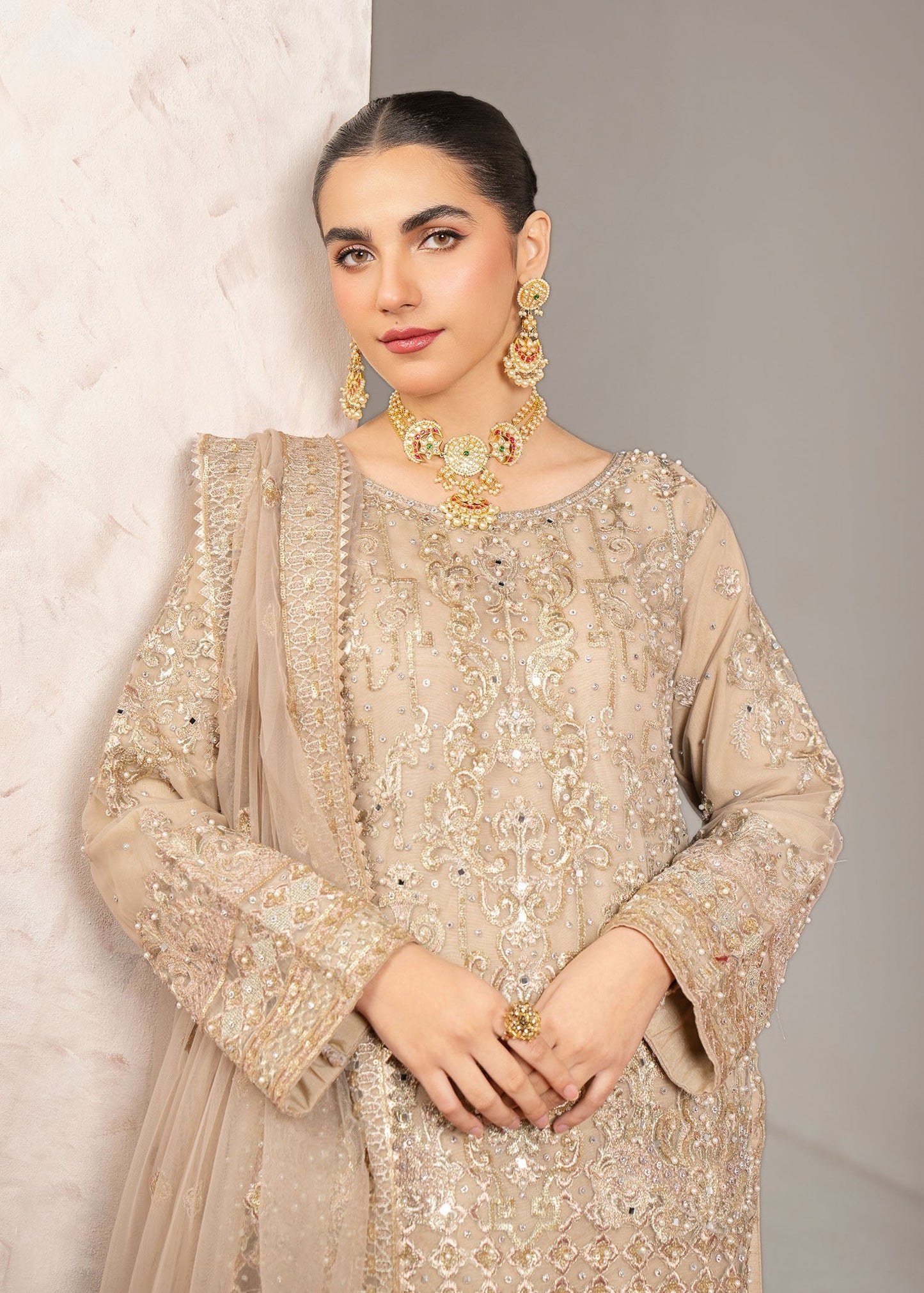 Beige Long Kurta Plazzo Pakistani Suit Online in Dubai UAE Abudhabi Ajman Sharjah