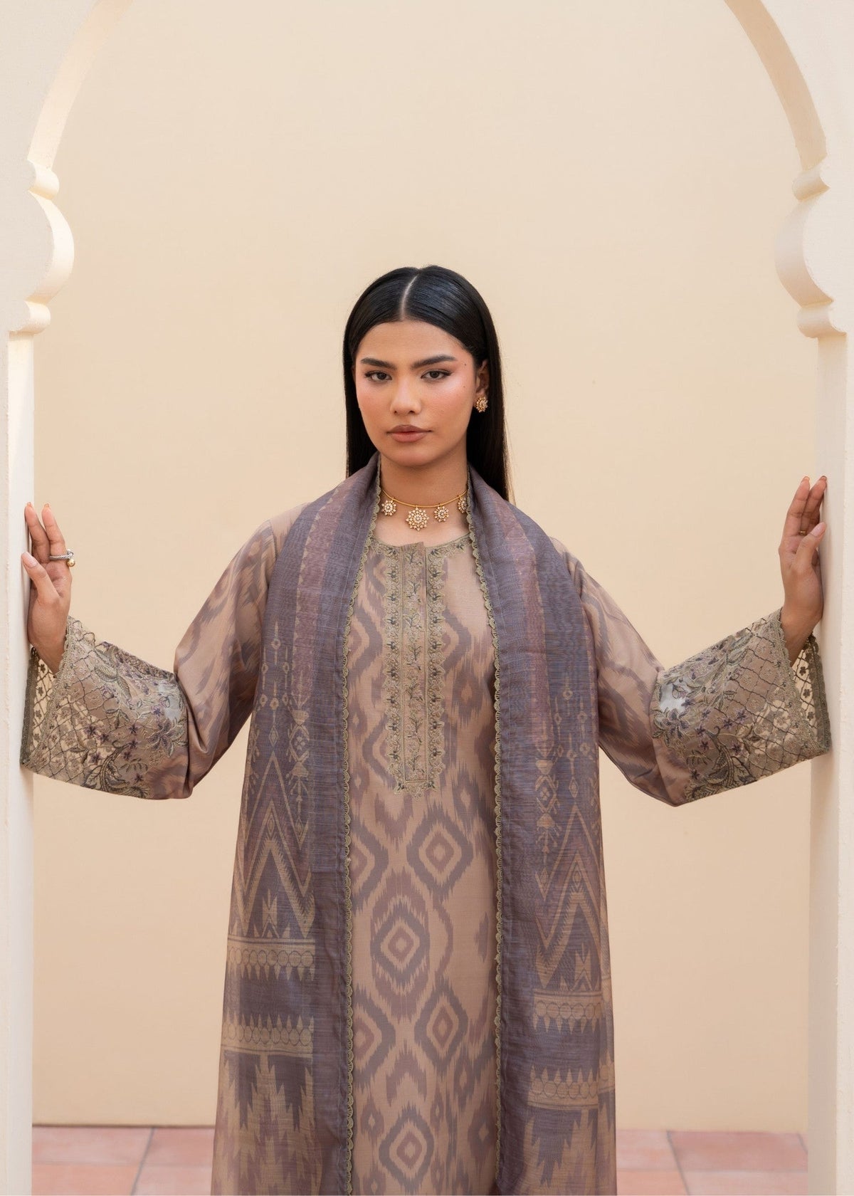 Beige Long Kurta with Plazzo and Dupatta Online in Dubai UAE Abudhabi Ajman Sharjah