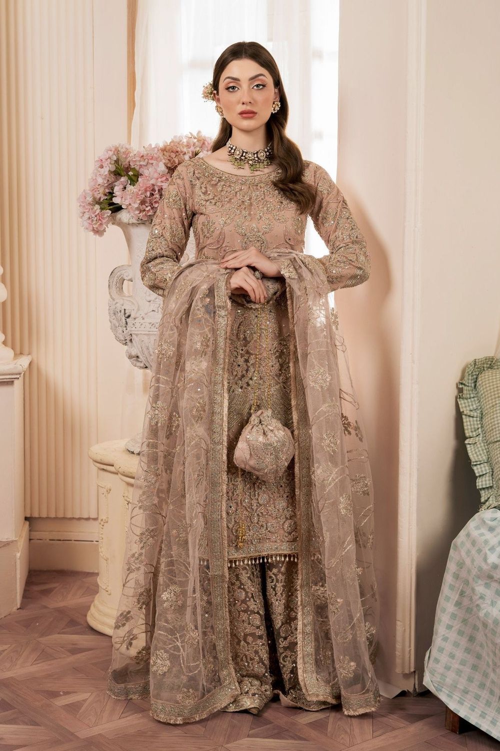 Beige Net Flared Gharara Wedding Guest Wear Online in Dubai UAE Abudhabi Ajman Sharjah