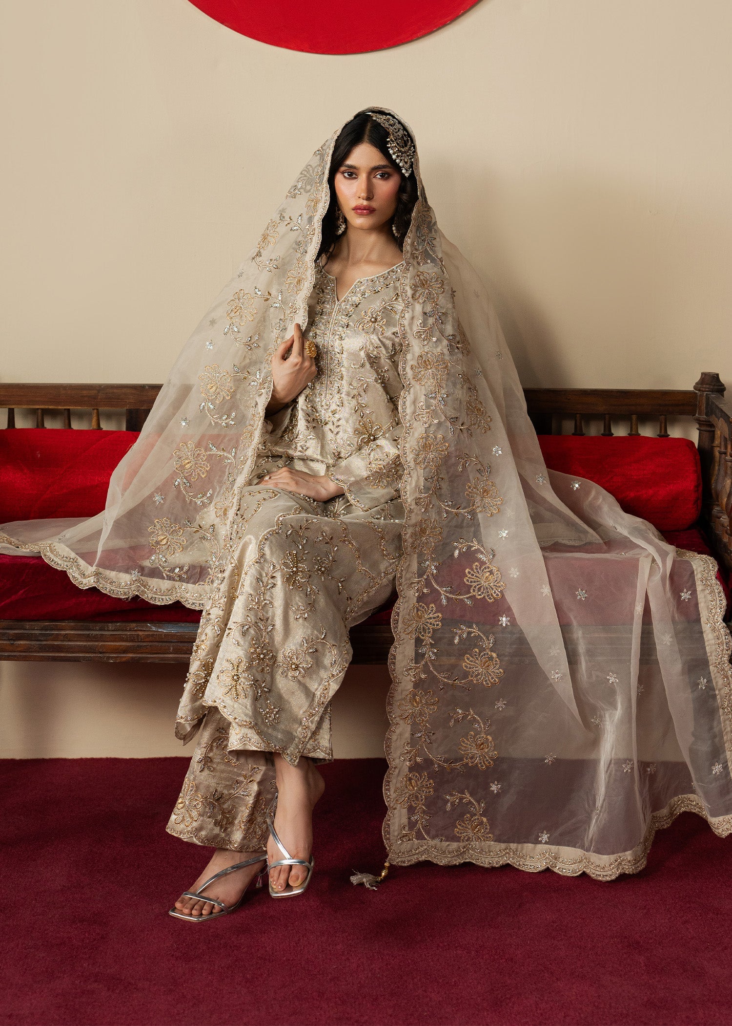 Beige Organza Dupatta Embroidered Suit Online in KSA Riyadh Saudi Arabia Oman Bahrain Qatar