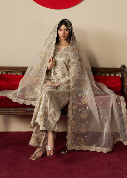 Beige Organza Dupatta Embroidered Suit Online in KSA Riyadh Saudi Arabia Oman Bahrain Qatar