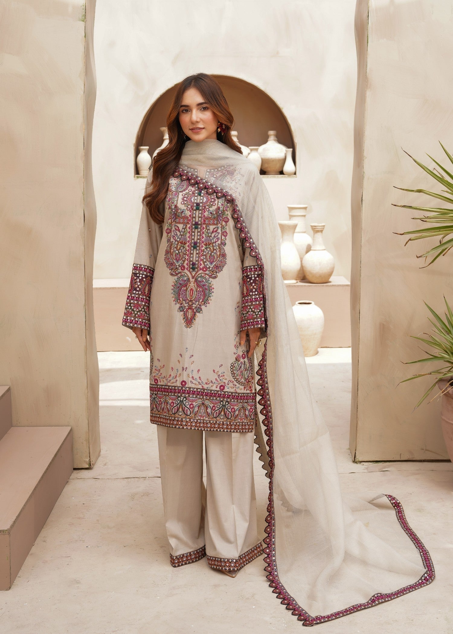 Beige Organza Dupatta Lawn Suit Online in Dubai UAE Abudhabi Ajman Sharjah