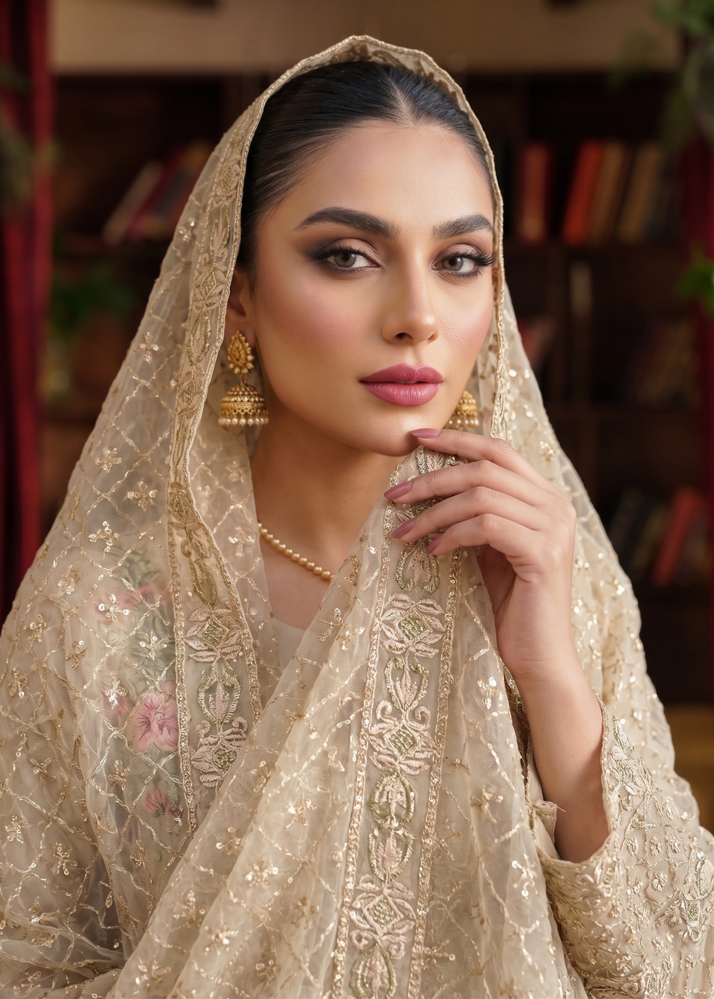 Beige Organza Embroidered 3 Piece Dress Online in Dubai DXB UAE Abudhabi Meena Bazaar