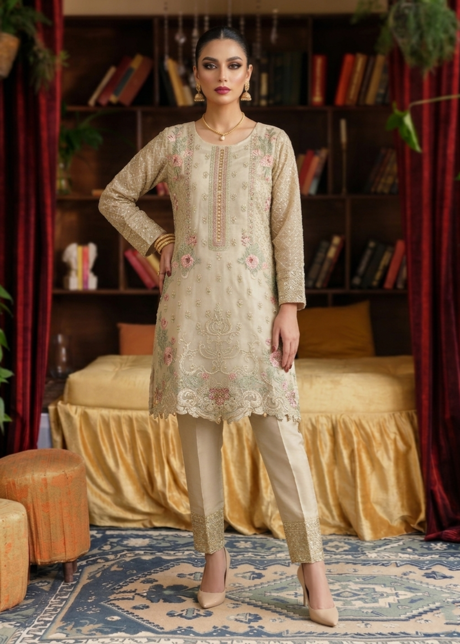 Beige Organza Embroidered 3 Piece Suit Online in Sri Lanka India Australia