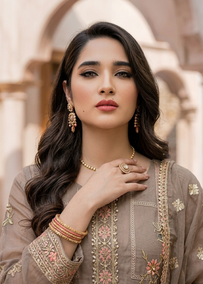 Beige Organza Embroidered Festive Wear Suit Online in Dubai DXB UAE Abudhabi Meena Bazaar