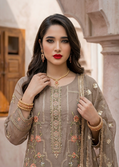 Beige Organza Embroidered Party Wear Salwar Kameez Online in Dubai DXB UAE Abudhabi Meena Bazaar