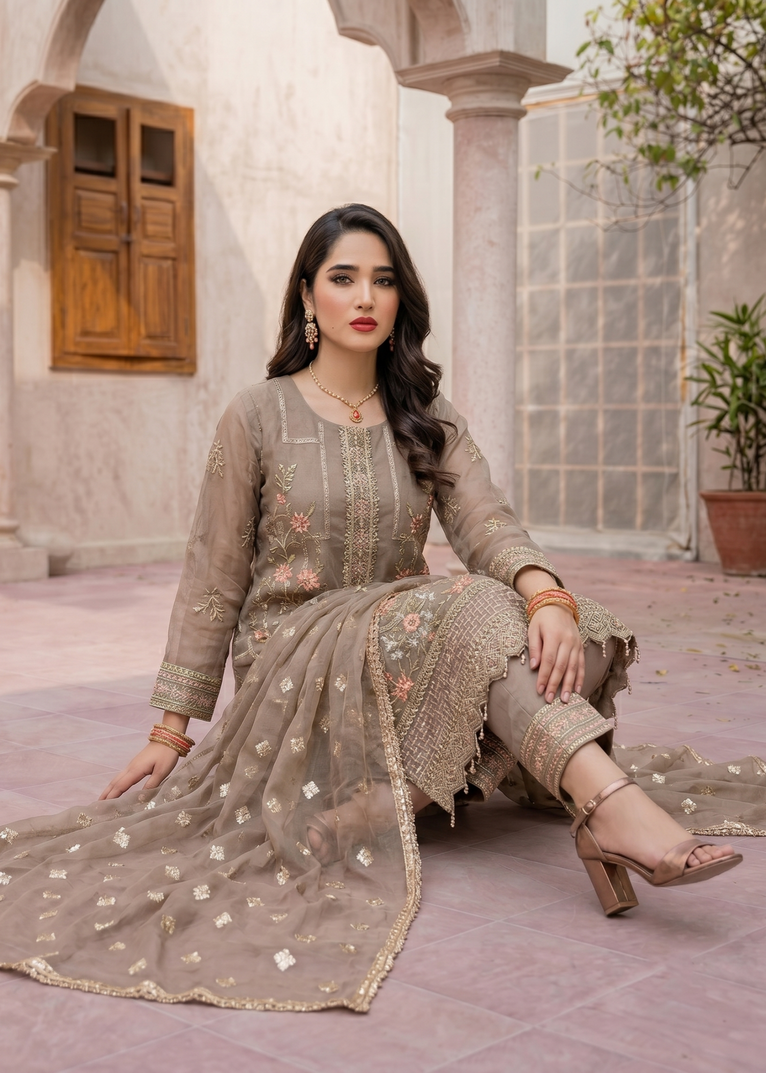 Beige Organza Embroidered Party Wear Suit Online in Dubai UAE Abudhabi Ajman Sharjah