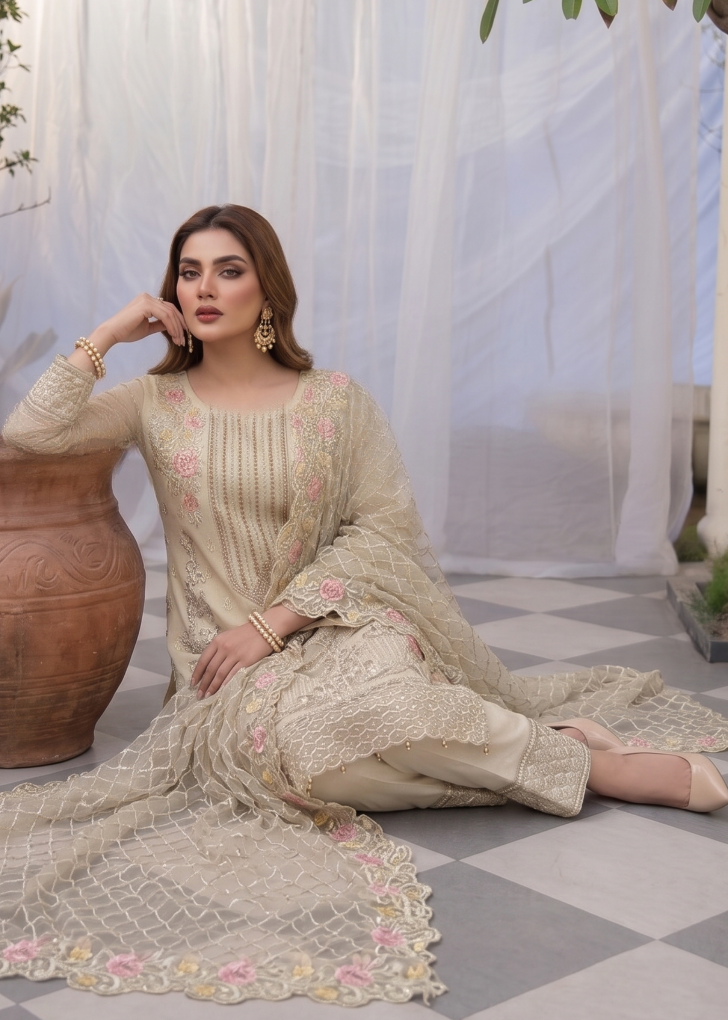 Beige Organza Party Wear Salwar Suit Online in Sri Lanka India Australia