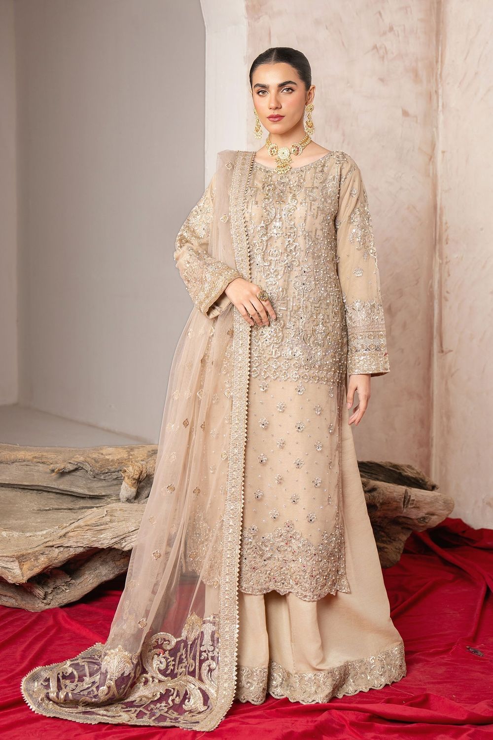 Beige Polyester Net Festive Kurta Plazzo Set Online in Dubai UAE Abudhabi Ajman Sharjah