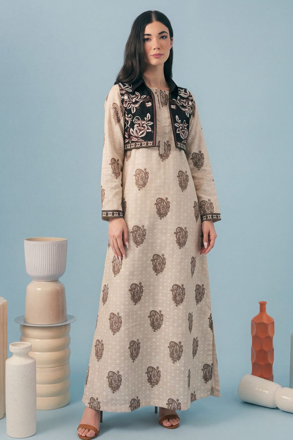 Beige Printed Khaddar Pishwas Online in Dubai UAE Abudhabi Ajman Sharjah