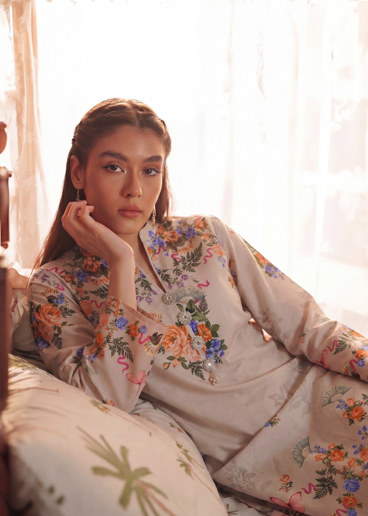 Beige Printed Lawn Casual Suit Online in Dubai UAE Abudhabi Ajman Sharjah