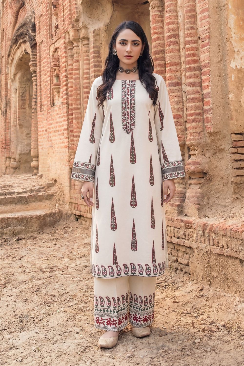 Beige Printed Lawn Kurta Set Online in Dubai UAE Abudhabi Ajman Sharjah