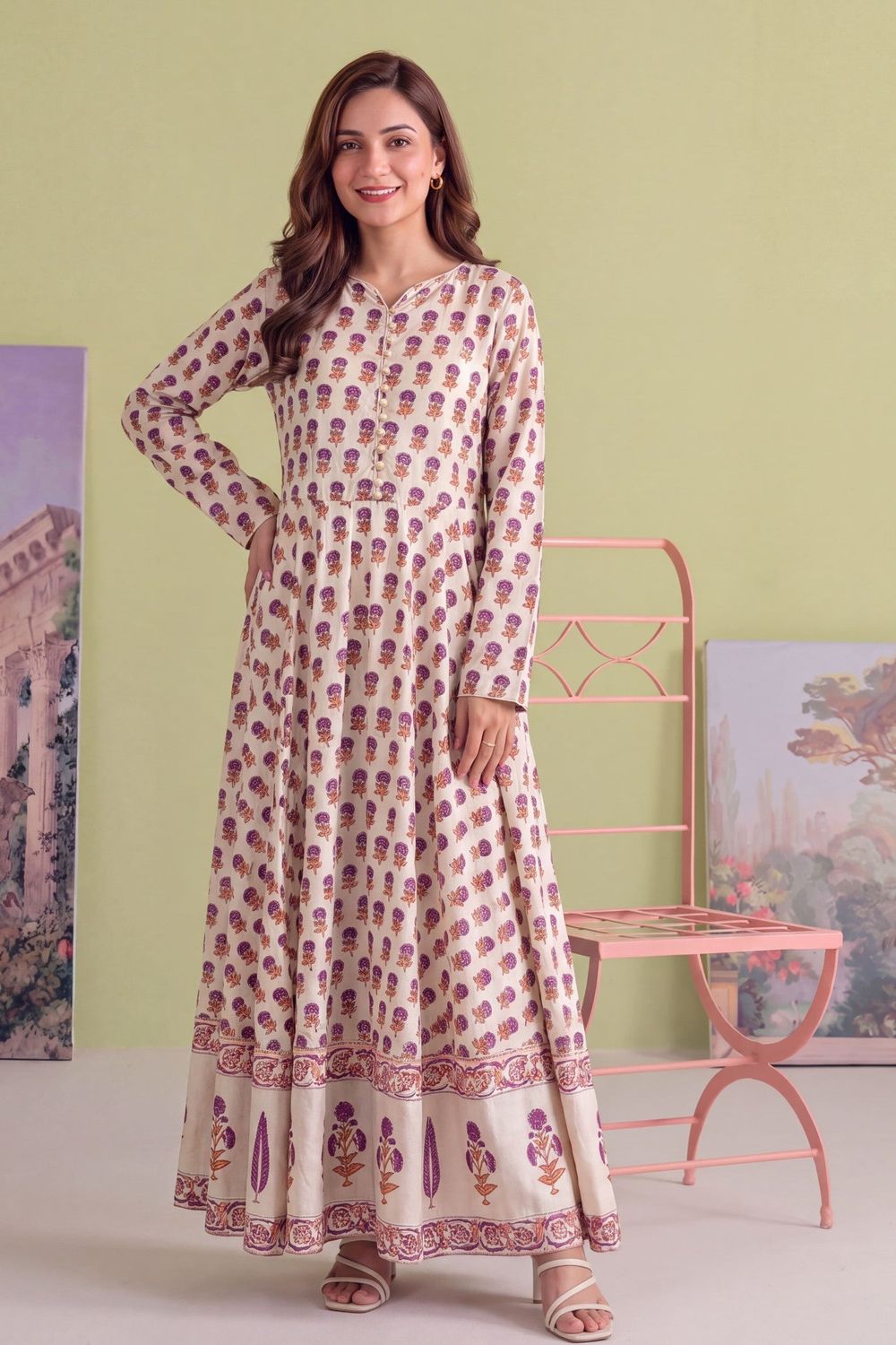 Beige Printed Linen Anarkali Kurta Online in Dubai UAE Abudhabi Ajman Sharjah